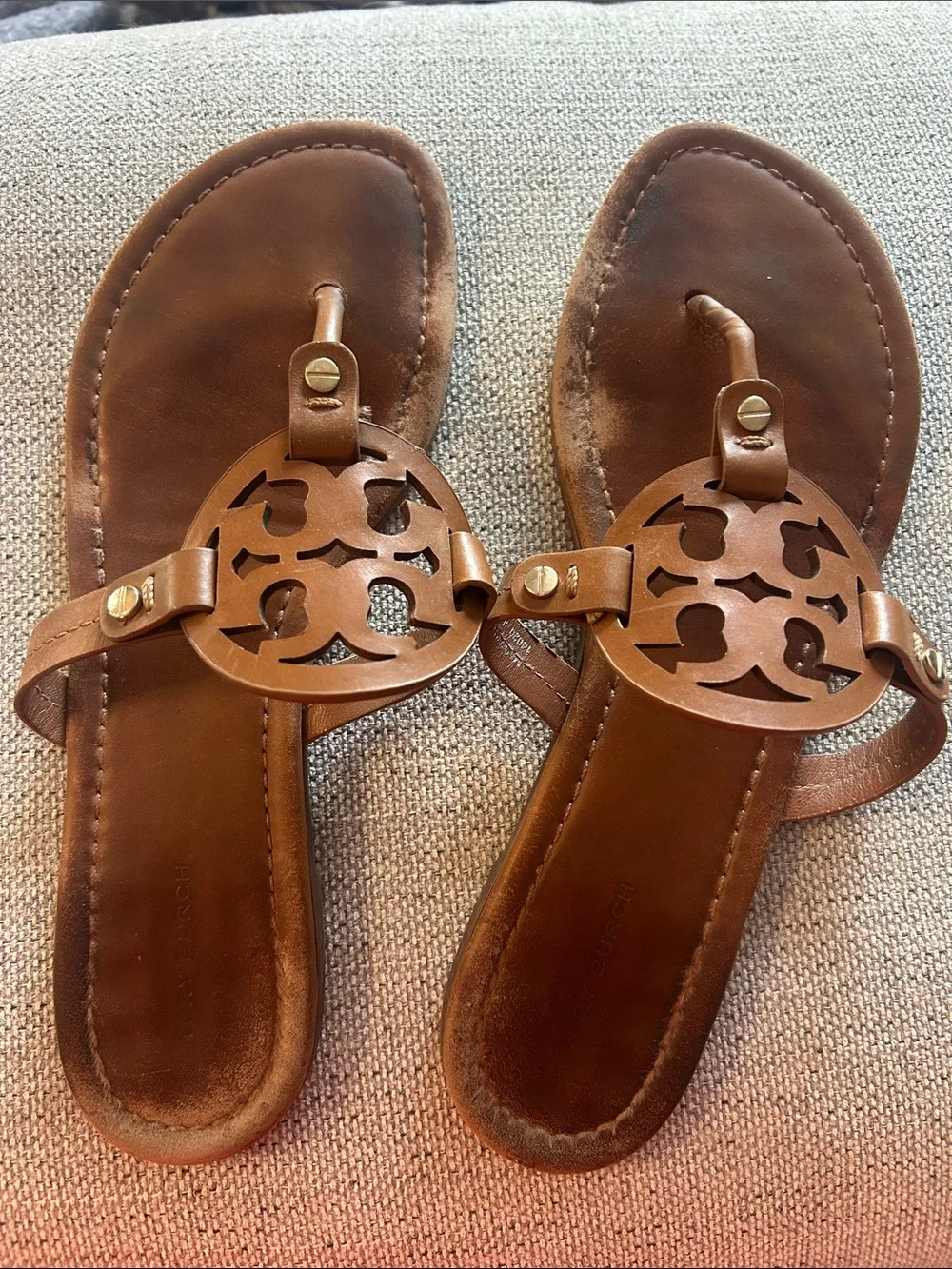 Tory Burch Tan Brown Leather Logo Thong Sandals